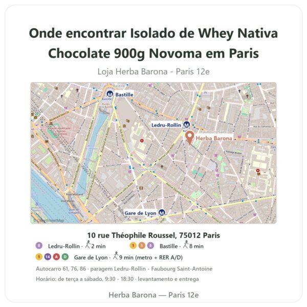 Onde encontrar Isolado de Whey Nativa Chocolate 900g Novoma em Paris - mapa da loja Herba Barona Paris 12e
