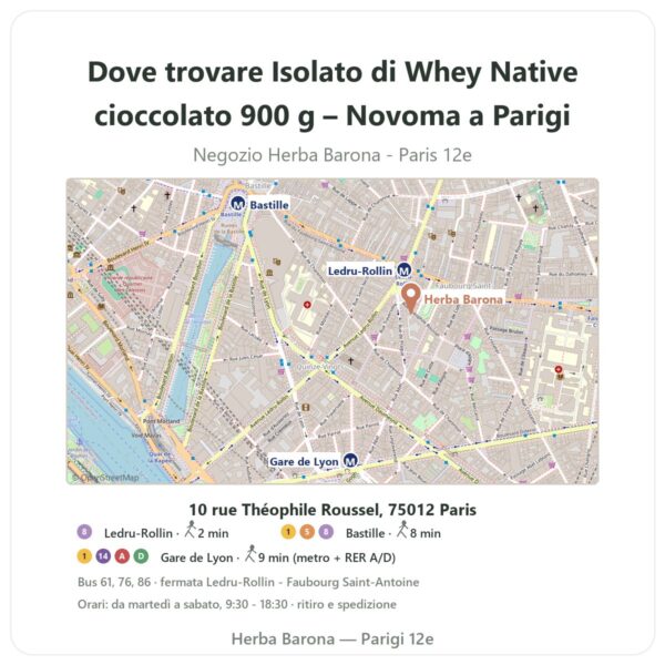 Dove trovare Isolato di Whey Native cioccolato 900 g – Novoma a Parigi - mappa del negozio Herba Barona Paris 12e