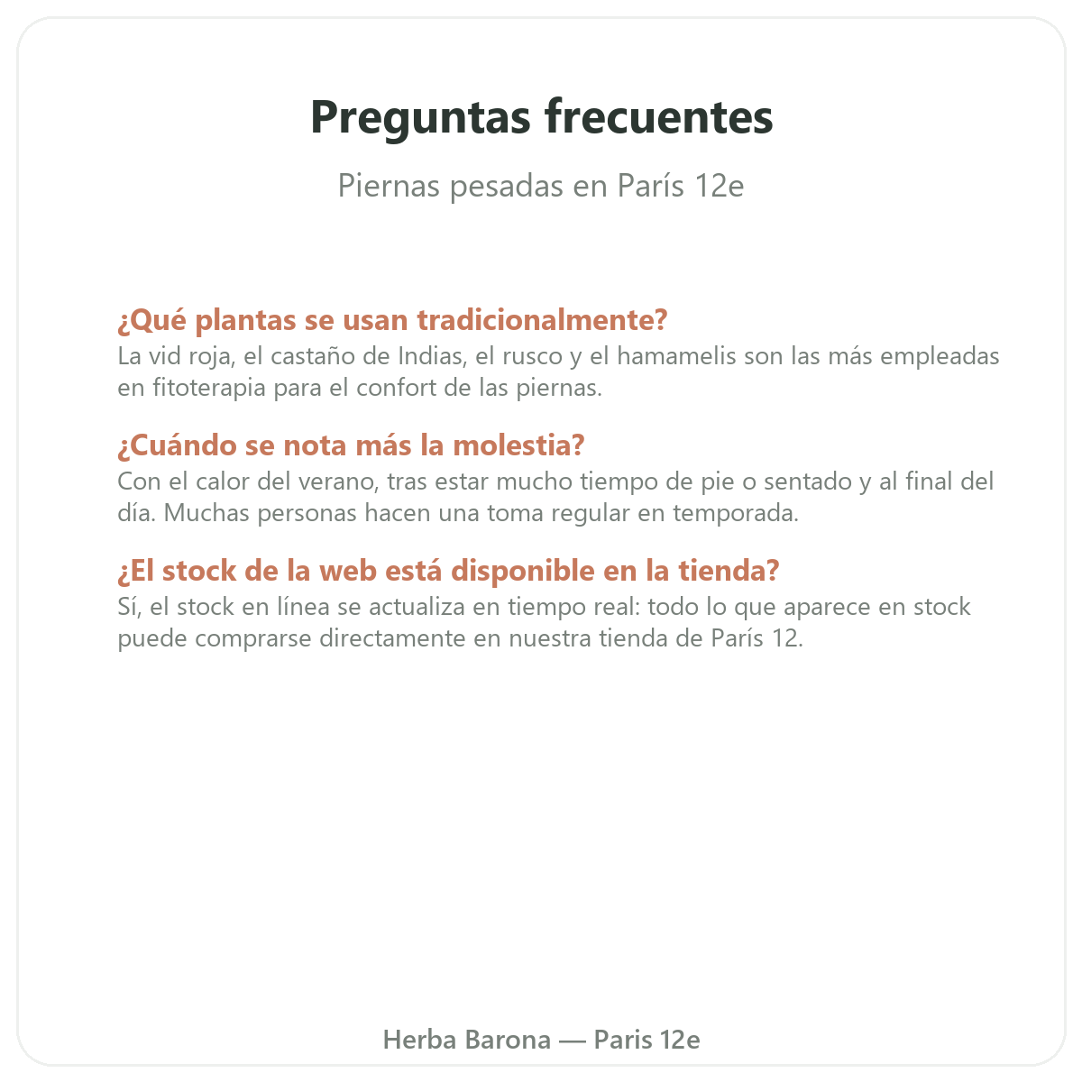 Preguntas frecuentes complementos piernas pesadas en París - Herba Barona París 12e