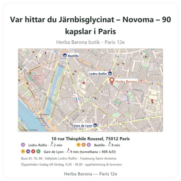 Var hittar du Järnbisglycinat – Novoma – 90 kapslar i Paris - butikskarta Herba Barona Paris 12e