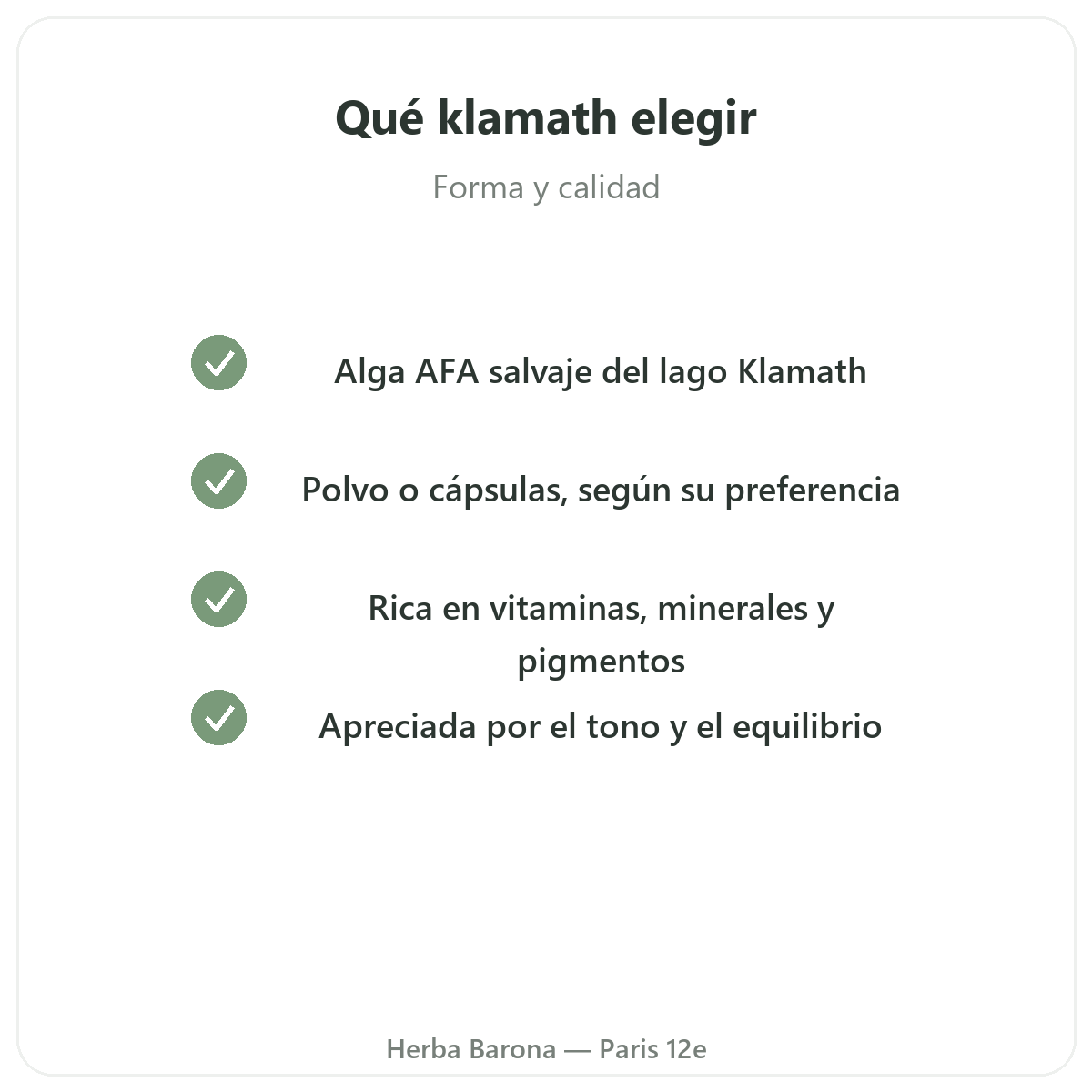 Alga Klamath París - compromisos de calidad en Herba Barona París 12e