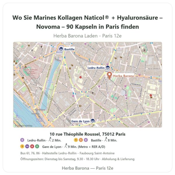 Wo finden Sie Marines Kollagen Naticol® + Hyaluronsäure – Novoma – 90 Kapseln in Paris - Ladenplan Herba Barona Paris 12e