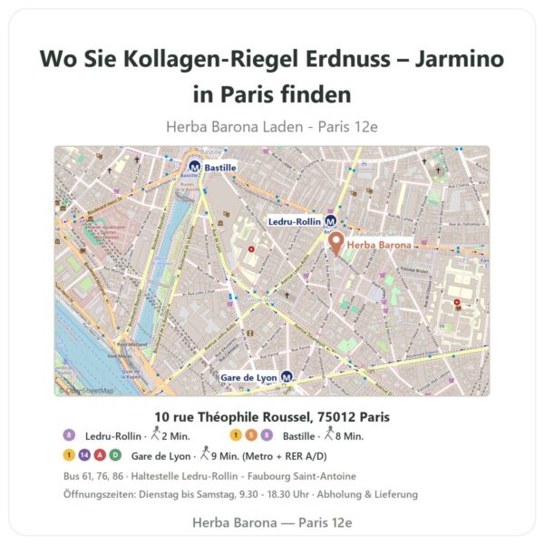 Wo finden Sie Kollagen-Riegel Erdnuss – Jarmino in Paris - Ladenplan Herba Barona Paris 12e