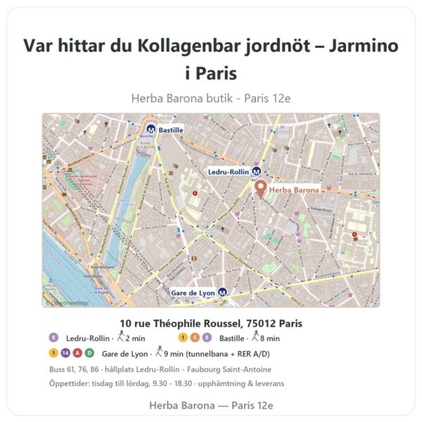 Var hittar du Kollagenbar jordnöt – Jarmino i Paris - butikskarta Herba Barona Paris 12e