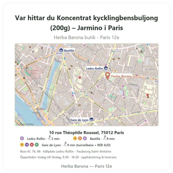 Var hittar du Koncentrat kycklingbensbuljong (200g) – Jarmino i Paris - butikskarta Herba Barona Paris 12e