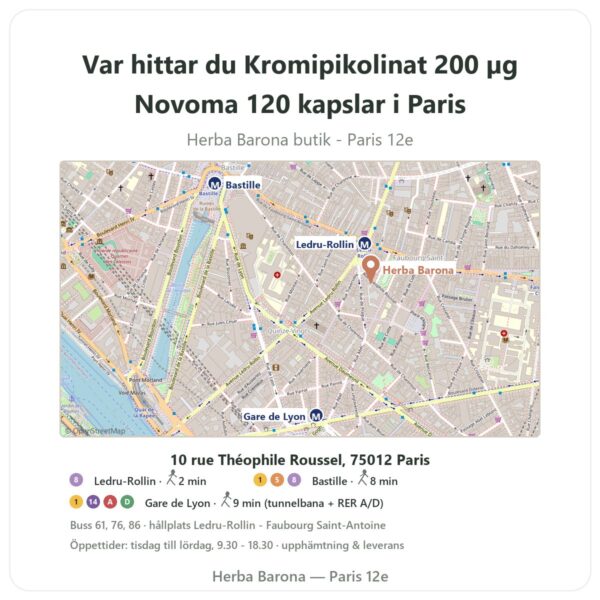 Var hittar du Kromipikolinat 200 µg Novoma 120 kapslar i Paris - butikskarta Herba Barona Paris 12e
