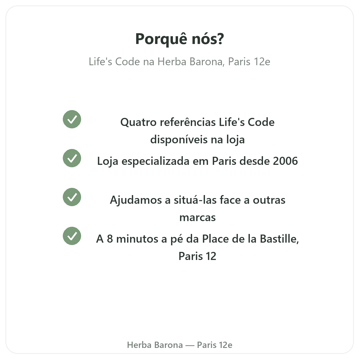 Porquê comprar Life's Code em Paris na Herba Barona Paris 12e