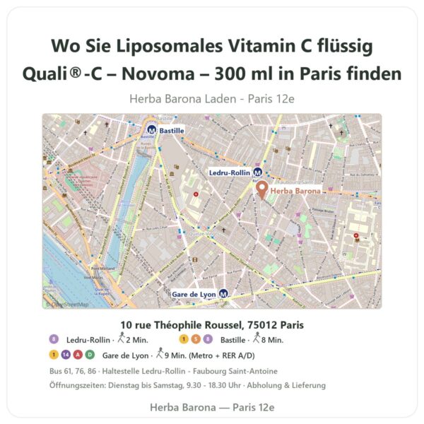 Wo finden Sie Liposomales Vitamin C flüssig Quali®-C – Novoma – 300 ml in Paris - Ladenplan Herba Barona Paris 12e