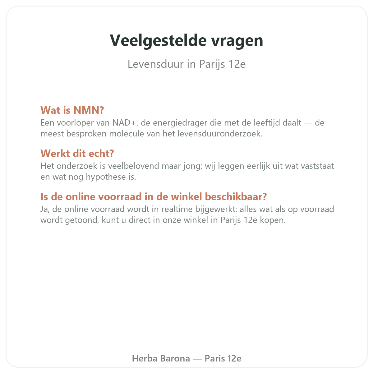 Veelgestelde vragen Longevity en anti-aging supplementen in Parijs - Herba Barona Parijs 12e