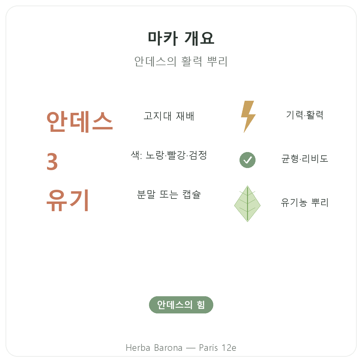 마카 바이오 페루 파리 요약 - Herba Barona 파리 12구 주요 수치