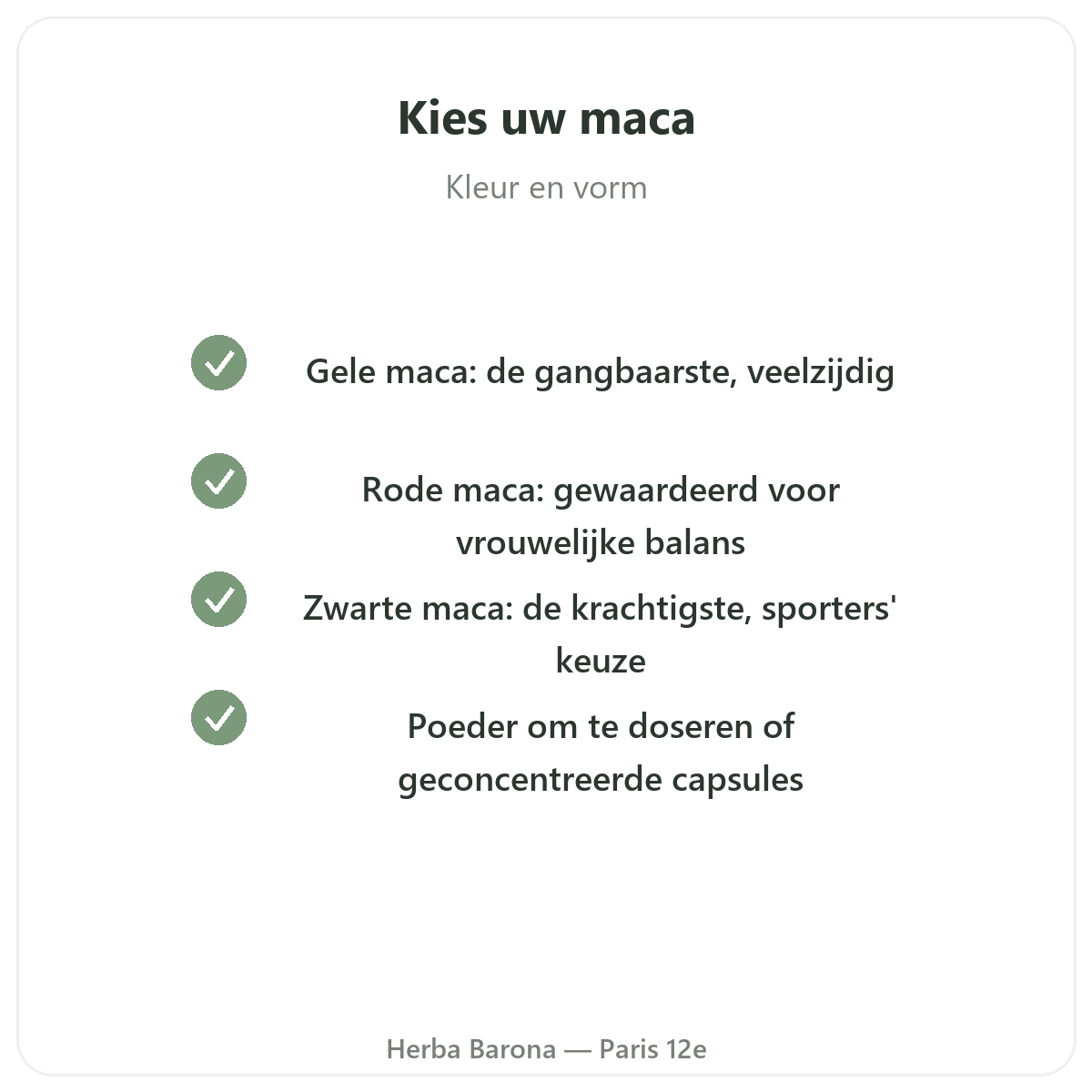 Biologische maca Peru Parijs - kwaliteitsverbintenissen bij Herba Barona Parijs 12e