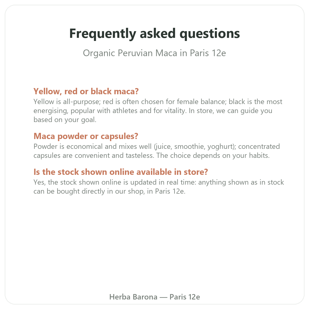 Frequently asked questions about organic Peruvian maca in Paris - Herba Barona Paris 12th