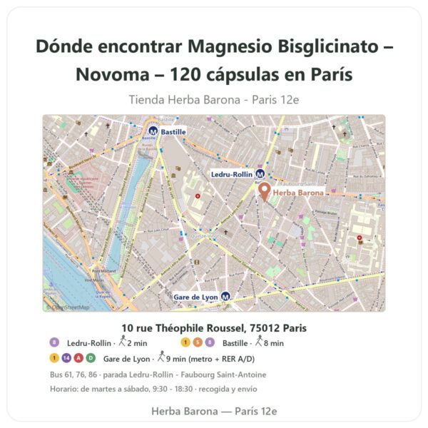 Dónde encontrar Magnesio Bisglicinato – Novoma – 120 cápsulas en París - plano de la tienda Herba Barona Paris 12e