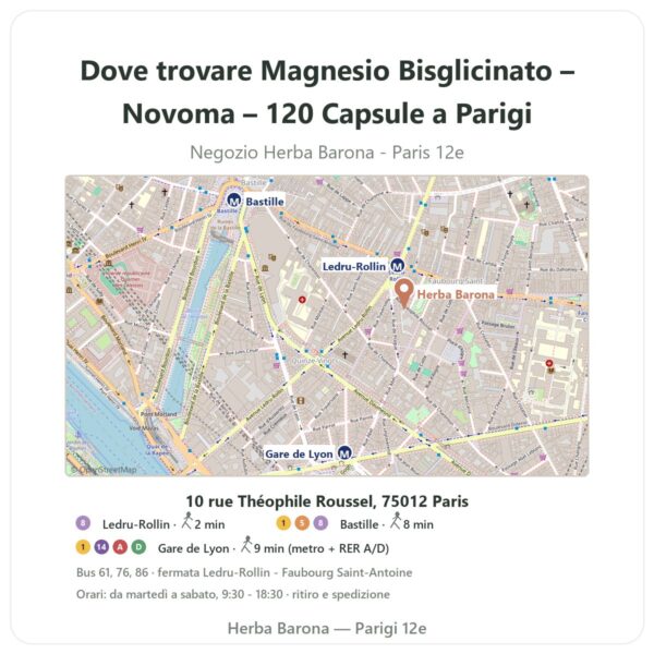 Dove trovare Magnesio Bisglicinato – Novoma – 120 Capsule a Parigi - mappa del negozio Herba Barona Paris 12e