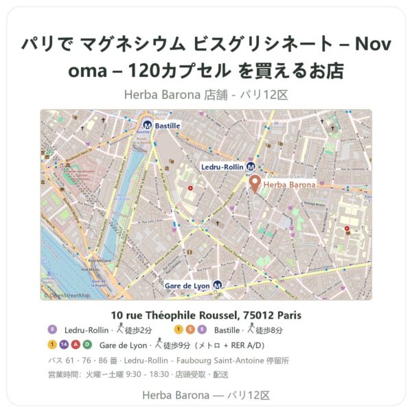 Where to find マグネシウム ビスグリシネート – Novoma – 120カプセル in Paris - store map Herba Barona Paris 12e