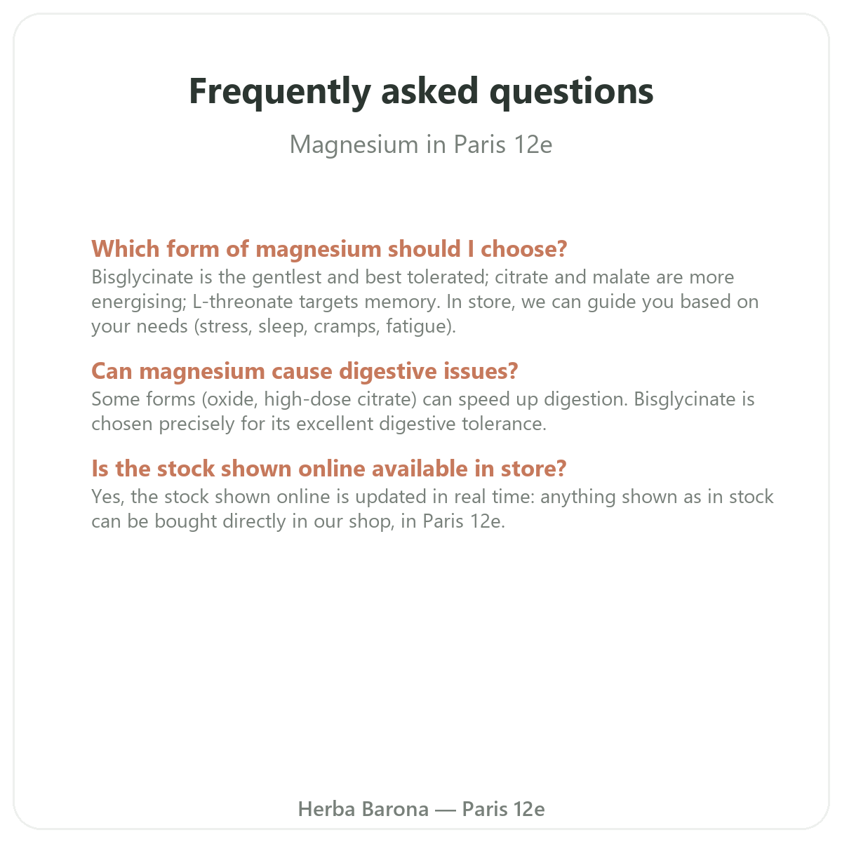 Frequently asked questions about magnesium in Paris - Herba Barona Paris 12th