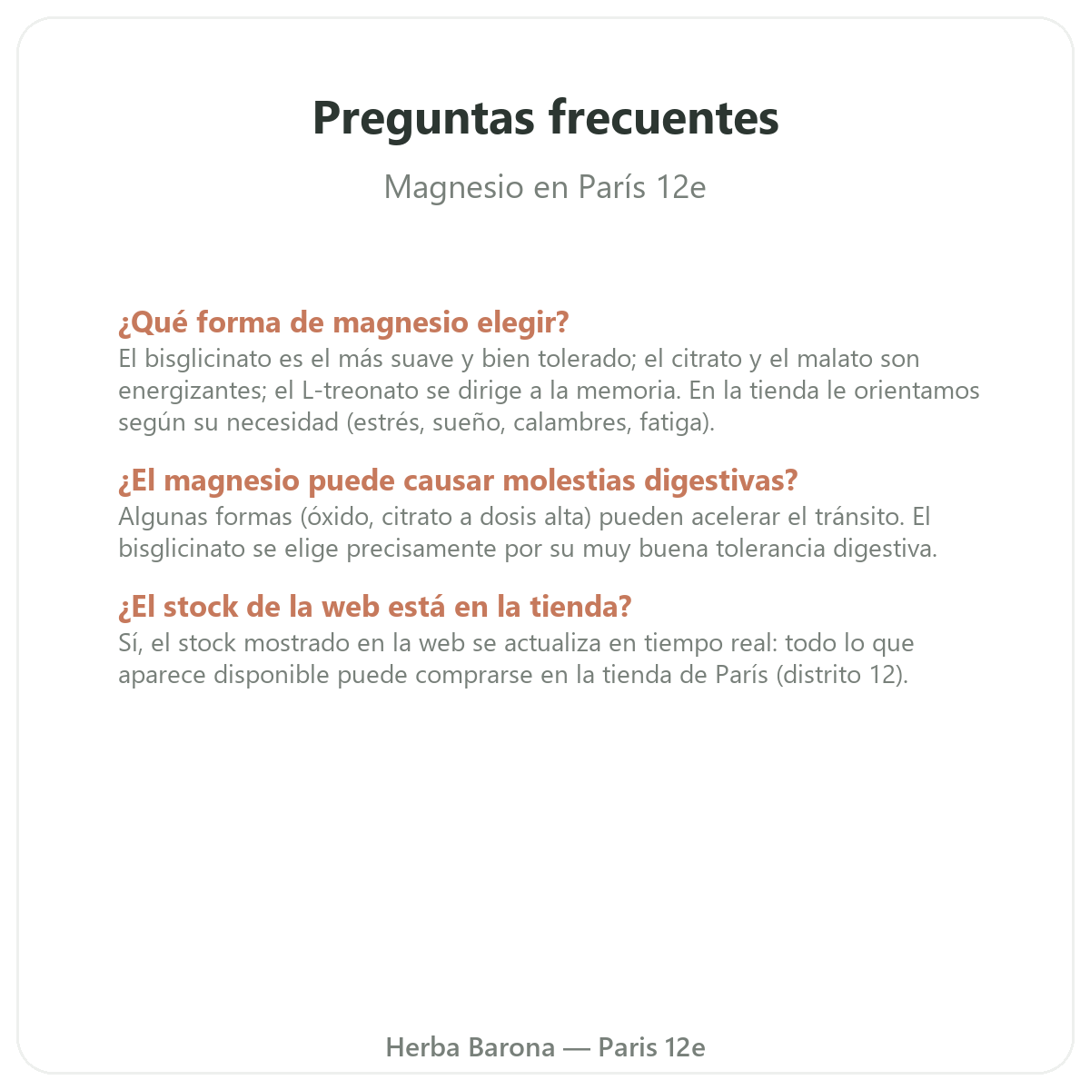 Preguntas frecuentes sobre Magnesio en París - Herba Barona París 12e
