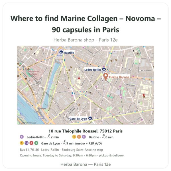 Where to find Marine Collagen – Novoma – 90 capsules in Paris - store map Herba Barona Paris 12e