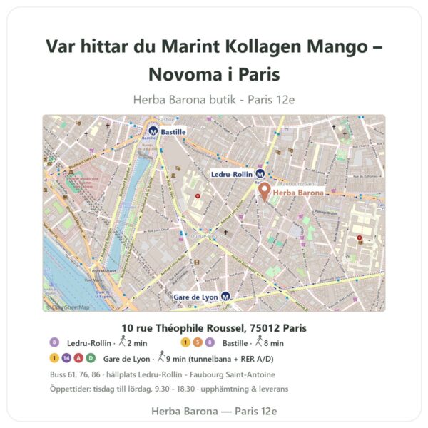 Var hittar du Marint Kollagen Mango – Novoma i Paris - butikskarta Herba Barona Paris 12e