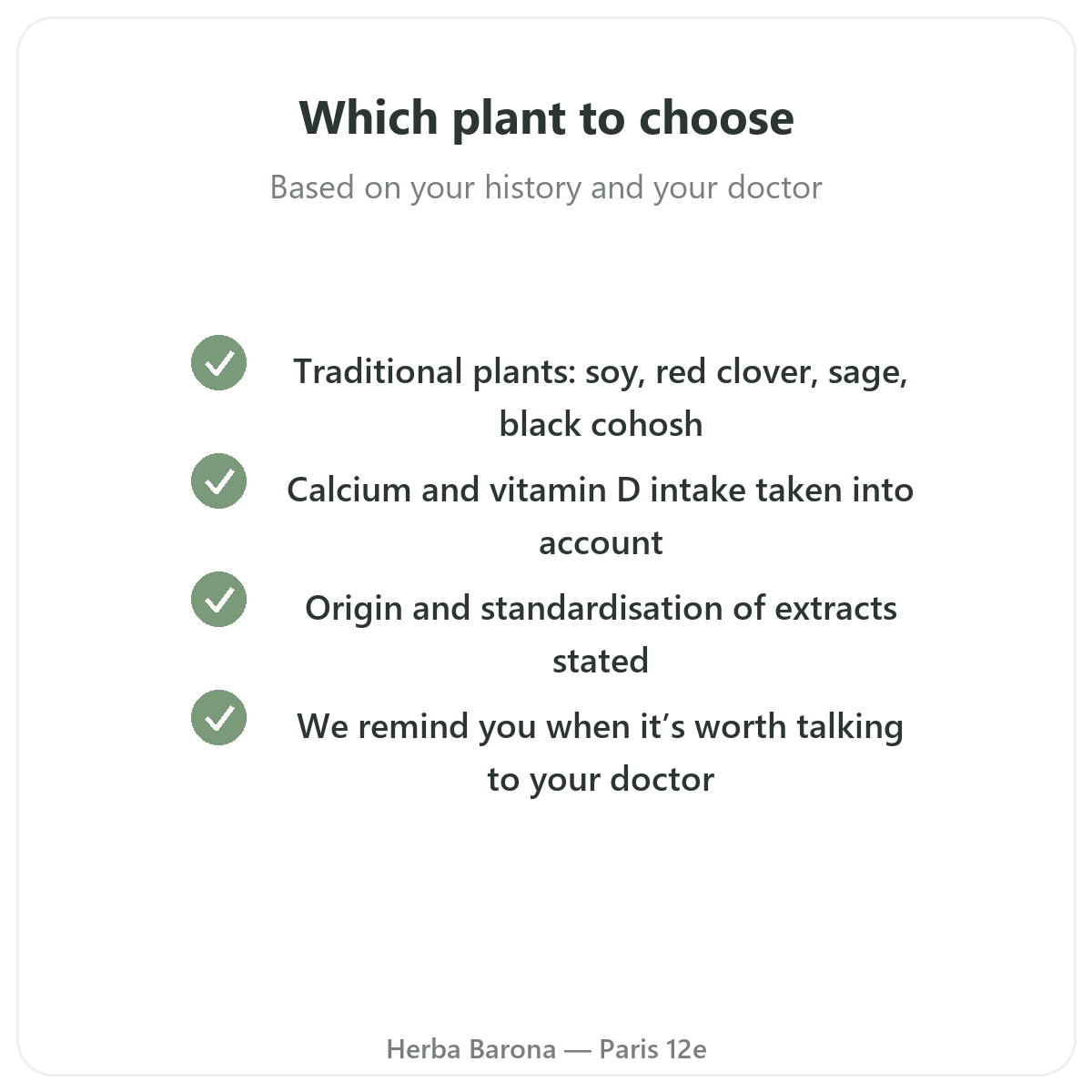 Menopause supplements - key actives to choose at Herba Barona Paris 12e