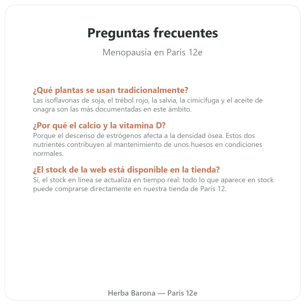 Preguntas frecuentes complementos menopausia en París - Herba Barona París 12e