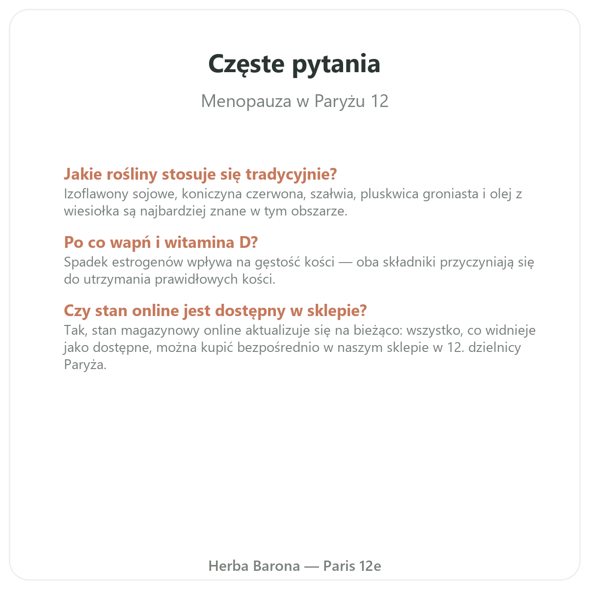 Najczęstsze pytania o suplementy na menopauzę – Herba Barona, Paryż 12, metro Ledru-Rollin