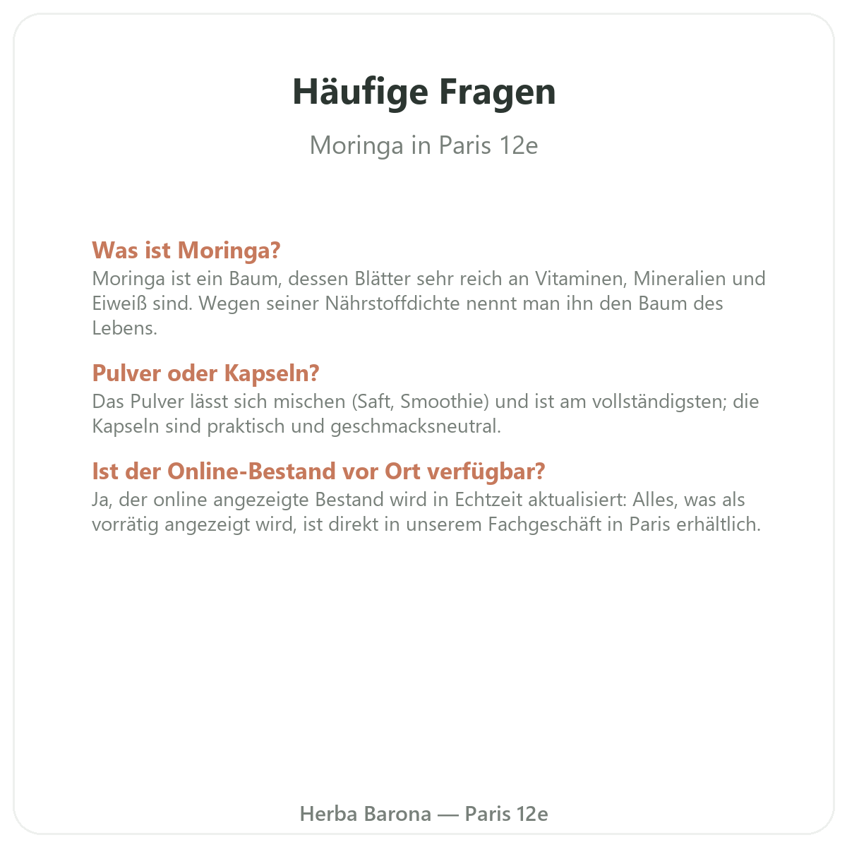 Häufige Fragen Moringa in Paris - Herba Barona Paris 12e