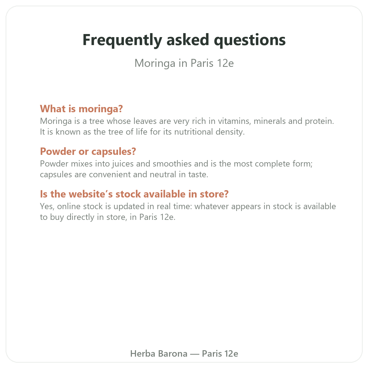 Frequently asked questions about Moringa in Paris - Herba Barona Paris 12th