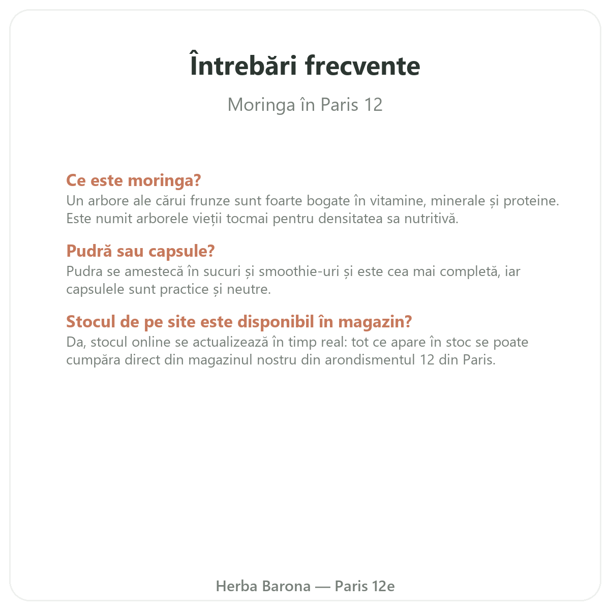 Întrebări frecvente Moringa Paris la Paris - Herba Barona Paris, arondismentul 12