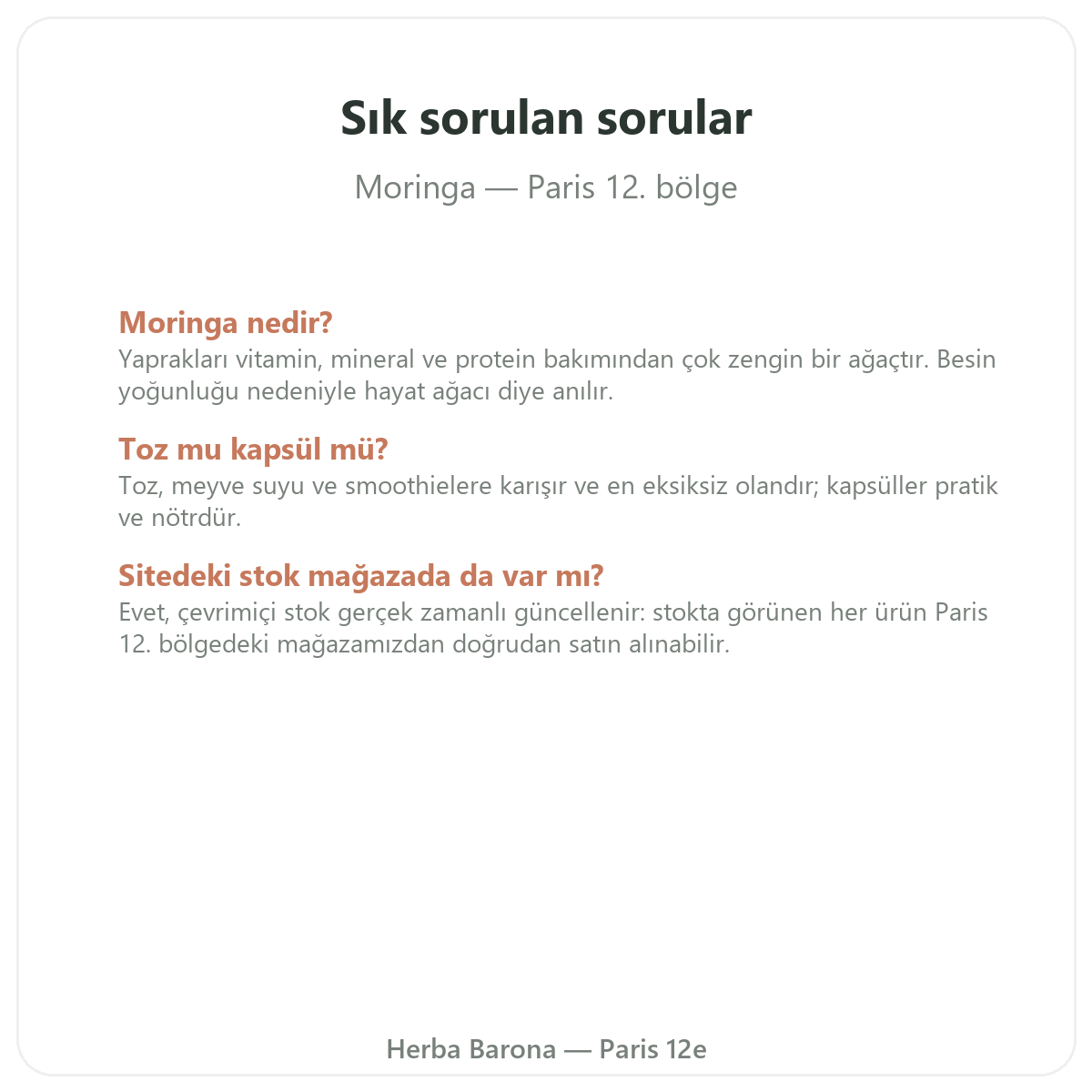 Paris’te Moringa sıkça sorulan sorular - Herba Barona Paris 12. bölge