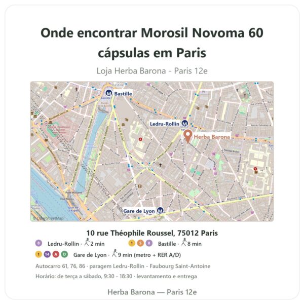 Onde encontrar Morosil Novoma 60 cápsulas em Paris - mapa da loja Herba Barona Paris 12e