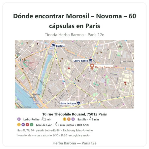 Dónde encontrar Morosil – Novoma – 60 cápsulas en París - plano de la tienda Herba Barona Paris 12e