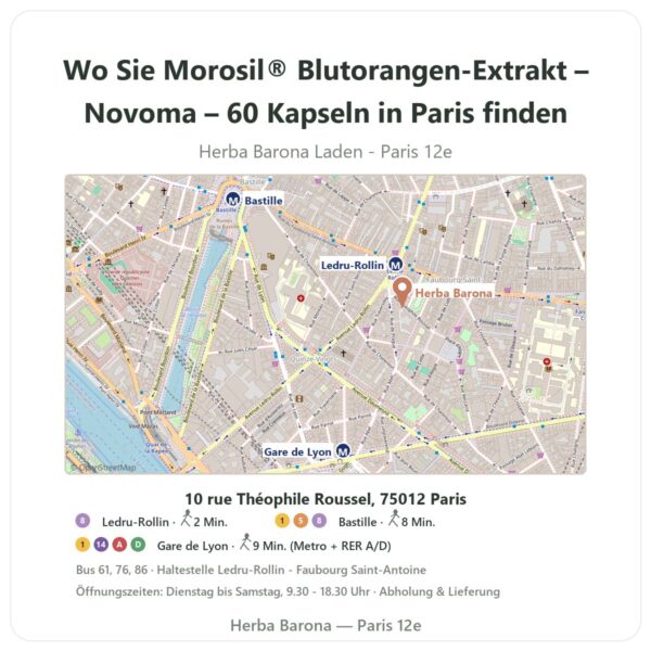 Wo finden Sie Morosil® Blutorangen-Extrakt – Novoma – 60 Kapseln in Paris - Ladenplan Herba Barona Paris 12e