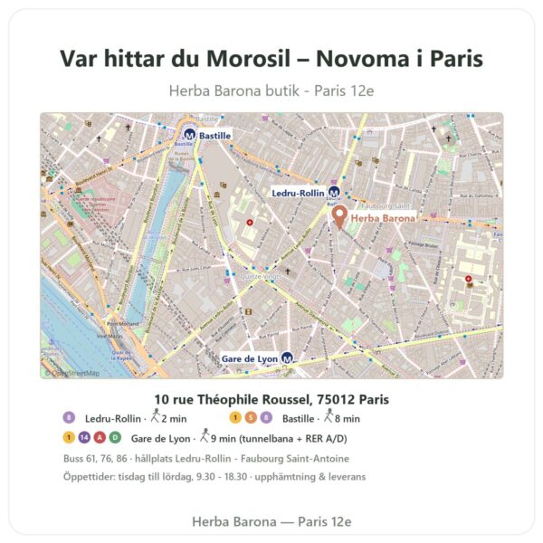 Var hittar du Morosil – Novoma i Paris - butikskarta Herba Barona Paris 12e
