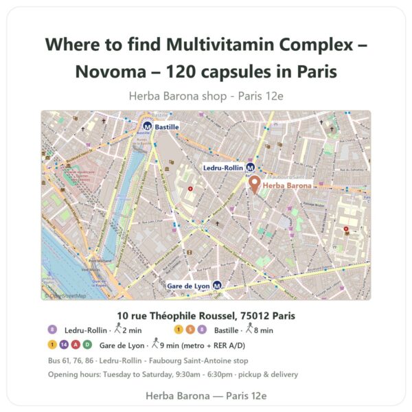 Where to find Multivitamin Complex – Novoma – 120 capsules in Paris - store map Herba Barona Paris 12e