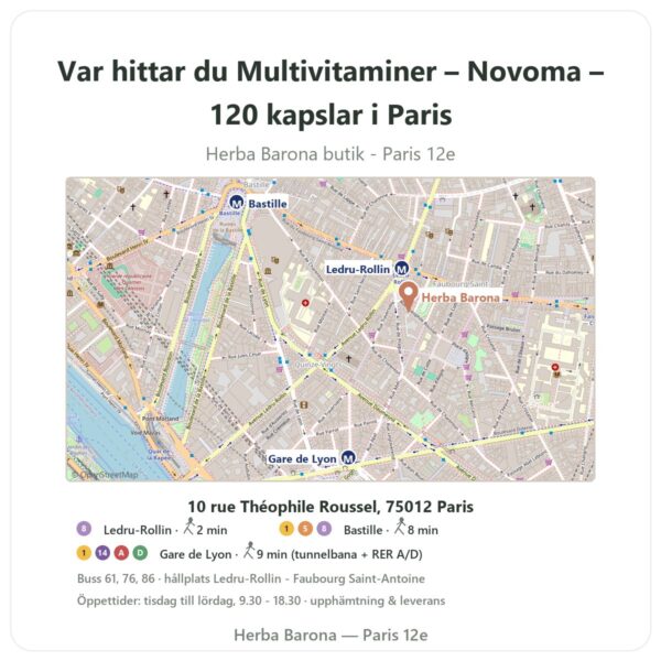 Var hittar du Multivitaminer – Novoma – 120 kapslar i Paris - butikskarta Herba Barona Paris 12e
