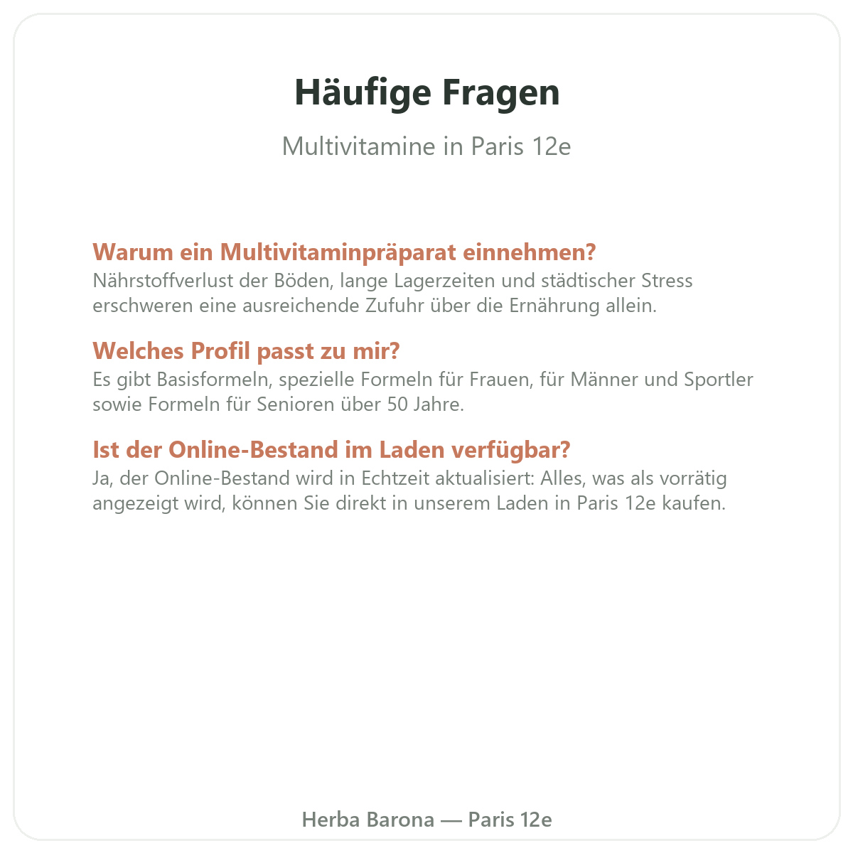 Häufige Fragen Multivitamine in Paris - Herba Barona Paris 12e