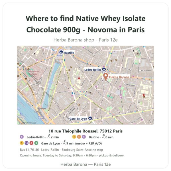Where to find Native Whey Isolate Chocolate 900g - Novoma in Paris - store map Herba Barona Paris 12e