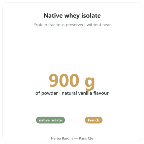 Native Whey Isolate Vanilla 900g - Novoma benefits and key facts Paris Herba Barona