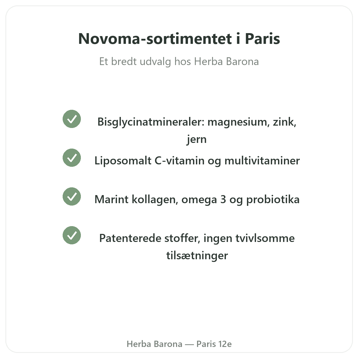 Novoma-sortimentet i Paris - magnesium, collagen, C-vitamin hos Herba Barona Paris 12