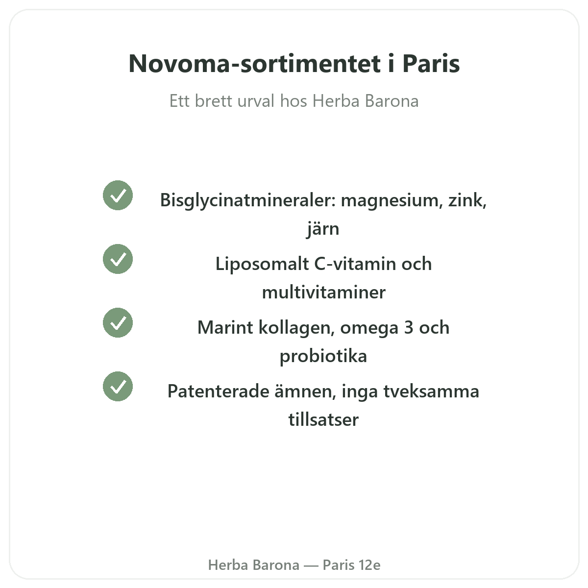 Novoma-sortimentet i Paris - magnesium, kollagen, vitamin C hos Herba Barona Paris 12e