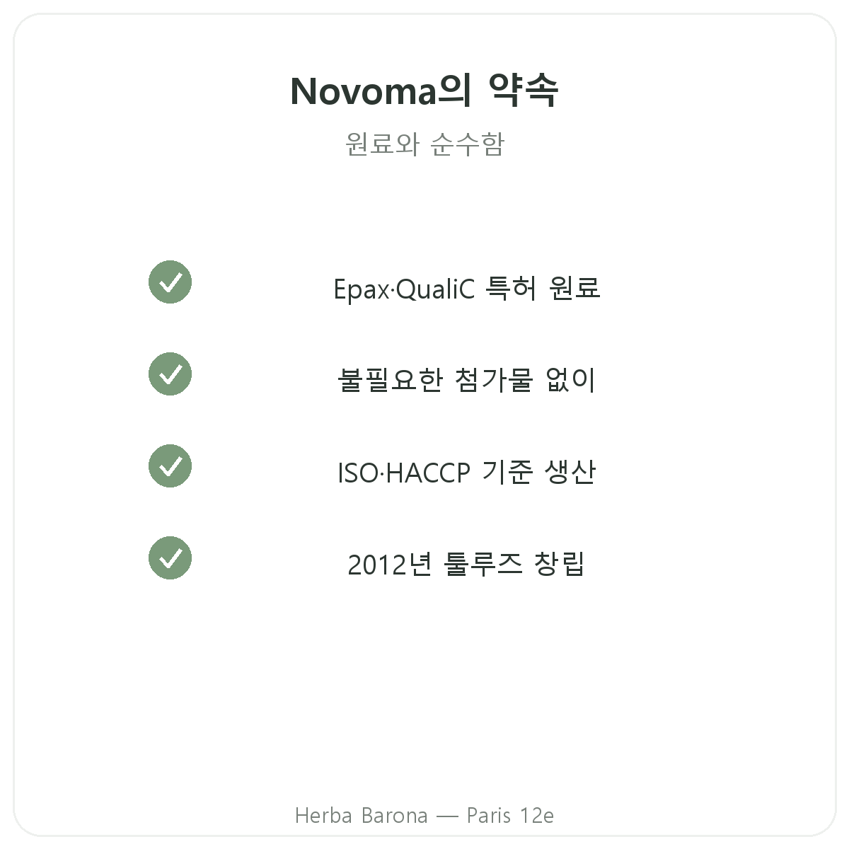 Novoma 파리 - Herba Barona의 품질 약속과 특허 원료