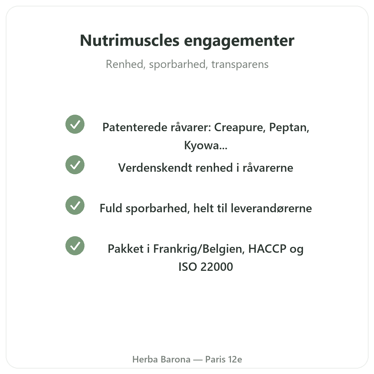 Nutrimuscle Paris - kvalitetsforpligtelser og patenterede råvarer hos Herba Barona