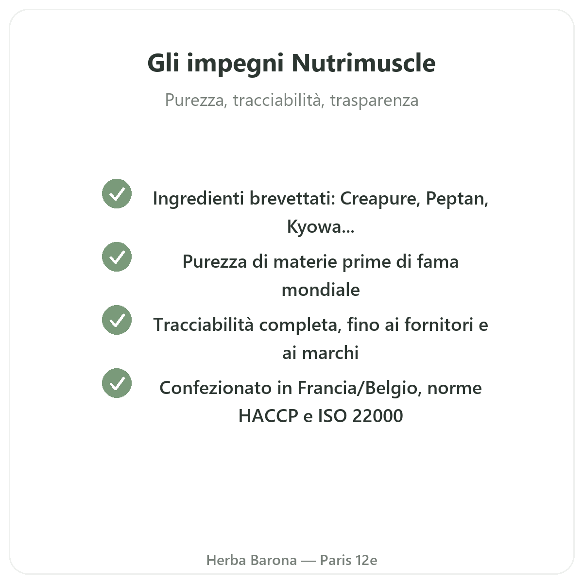 Nutrimuscle Parigi - impegni di qualità e materie prime brevettate da Herba Barona