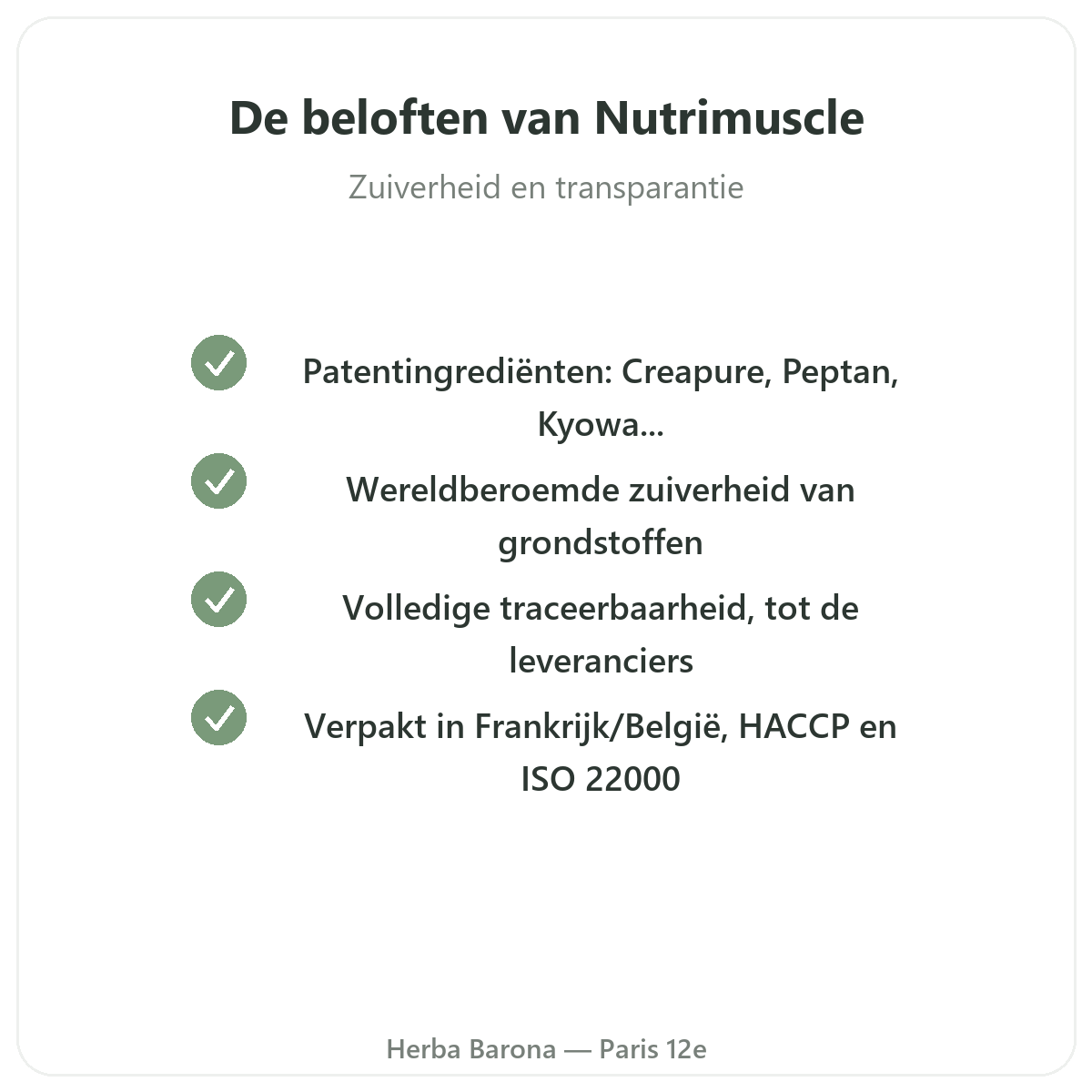 Nutrimuscle Parijs - kwaliteitsbeloften en gepatenteerde grondstoffen bij Herba Barona