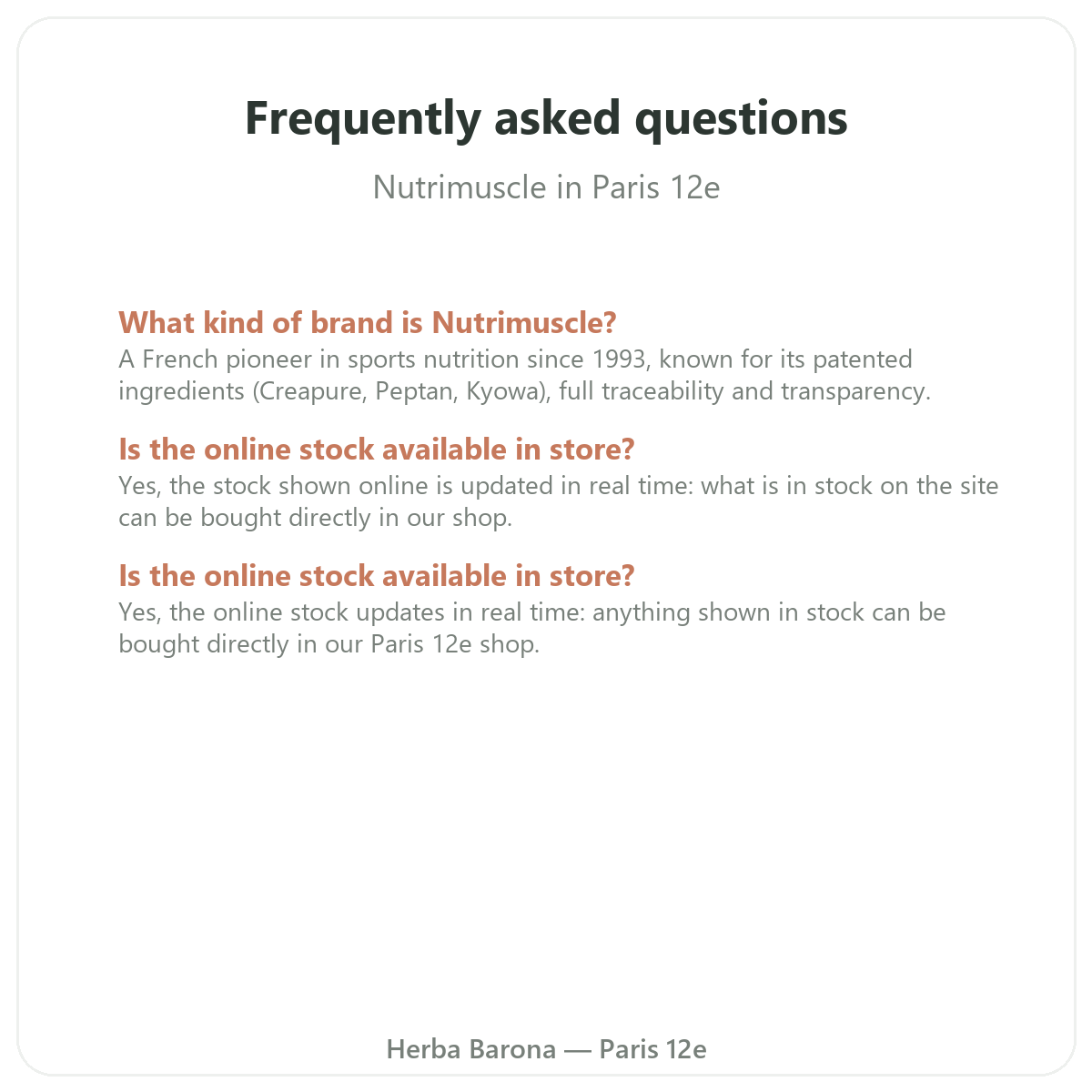 Frequently asked questions about Nutrimuscle in Paris - Herba Barona Paris 12th