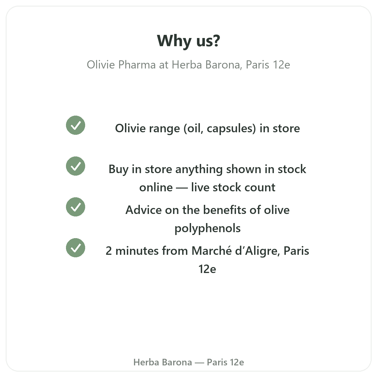 Why buy Olivie Pharma in Paris at Herba Barona Paris 12e