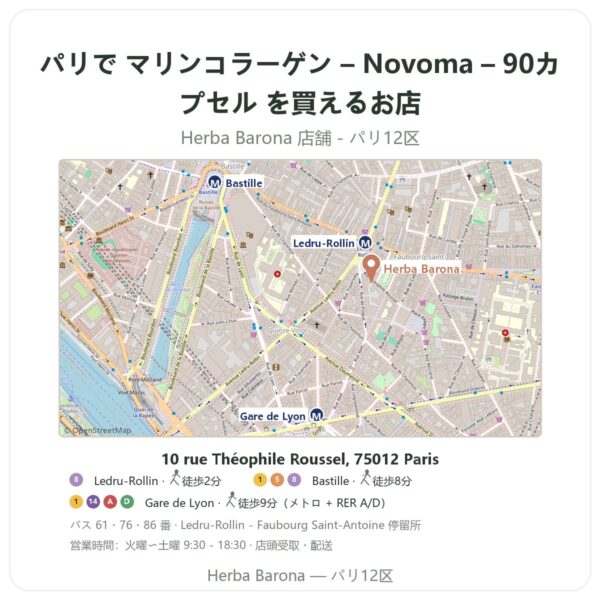 Where to find マリンコラーゲン – Novoma – 90カプセル in Paris - store map Herba Barona Paris 12e