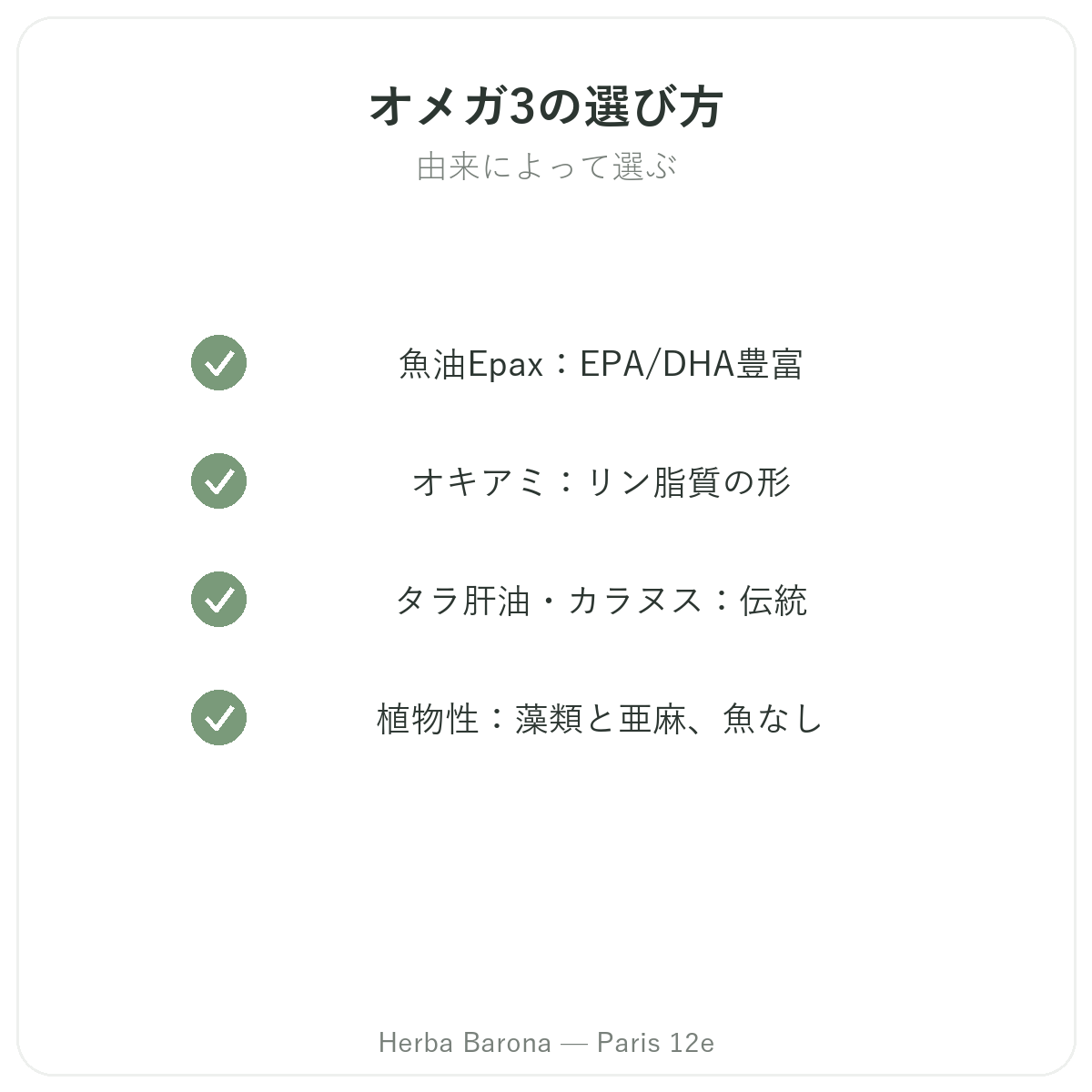 オメガ3 EPA DHA パリ - 品質へのこだわり Herba Barona パリ12区