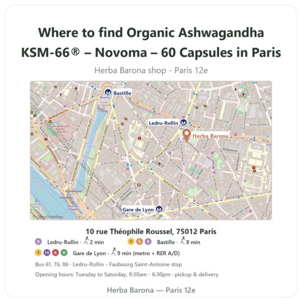 Where to find Organic Ashwagandha KSM-66® – Novoma – 60 Capsules in Paris - store map Herba Barona Paris 12e